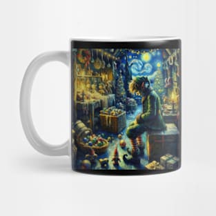 Solitary Elf: Starry Night Gift Preparation - Van Gogh-Inspired Art Series Mug